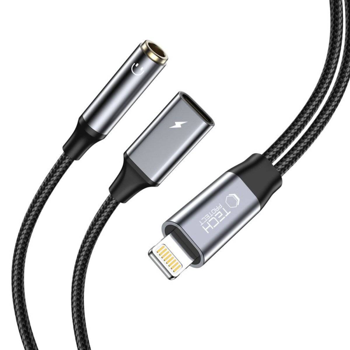 Ein schwarzes, geflochtenes 2-in-1 Ladekabel mit Lightning-Anschluss, Klinkenbuchse und USB-Anschluss für vielseitige Gerätekompatibilität.