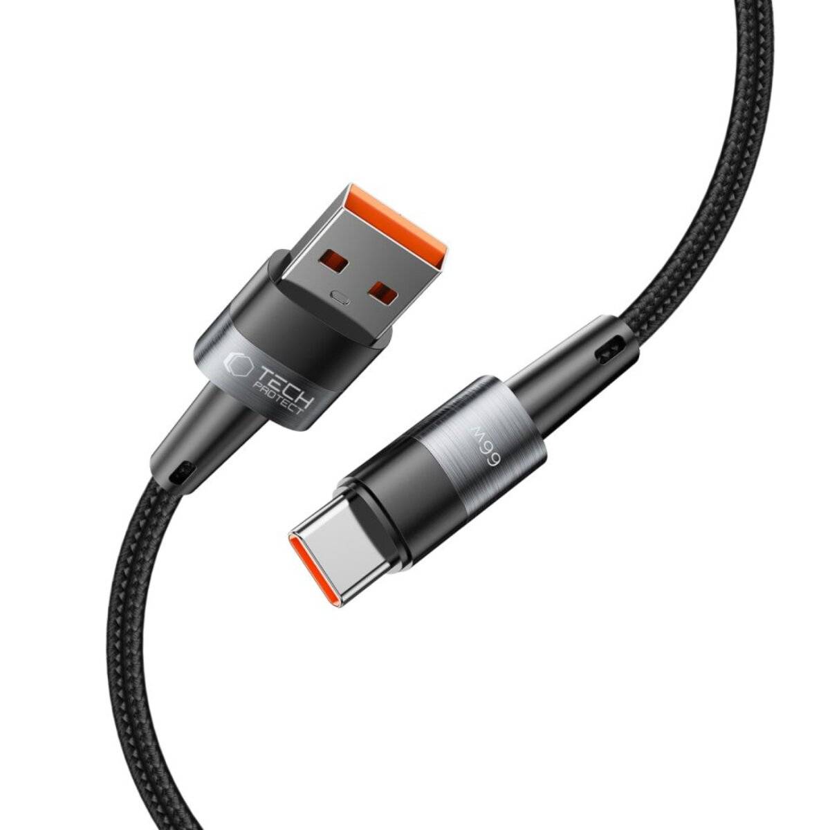 Ein geflochtenes Ladekabel mit einem USB-Anschluss an einem Ende und einem USB-C-Anschluss am anderen Ende. Die Anschlüsse haben orangefarbene Spitzen.