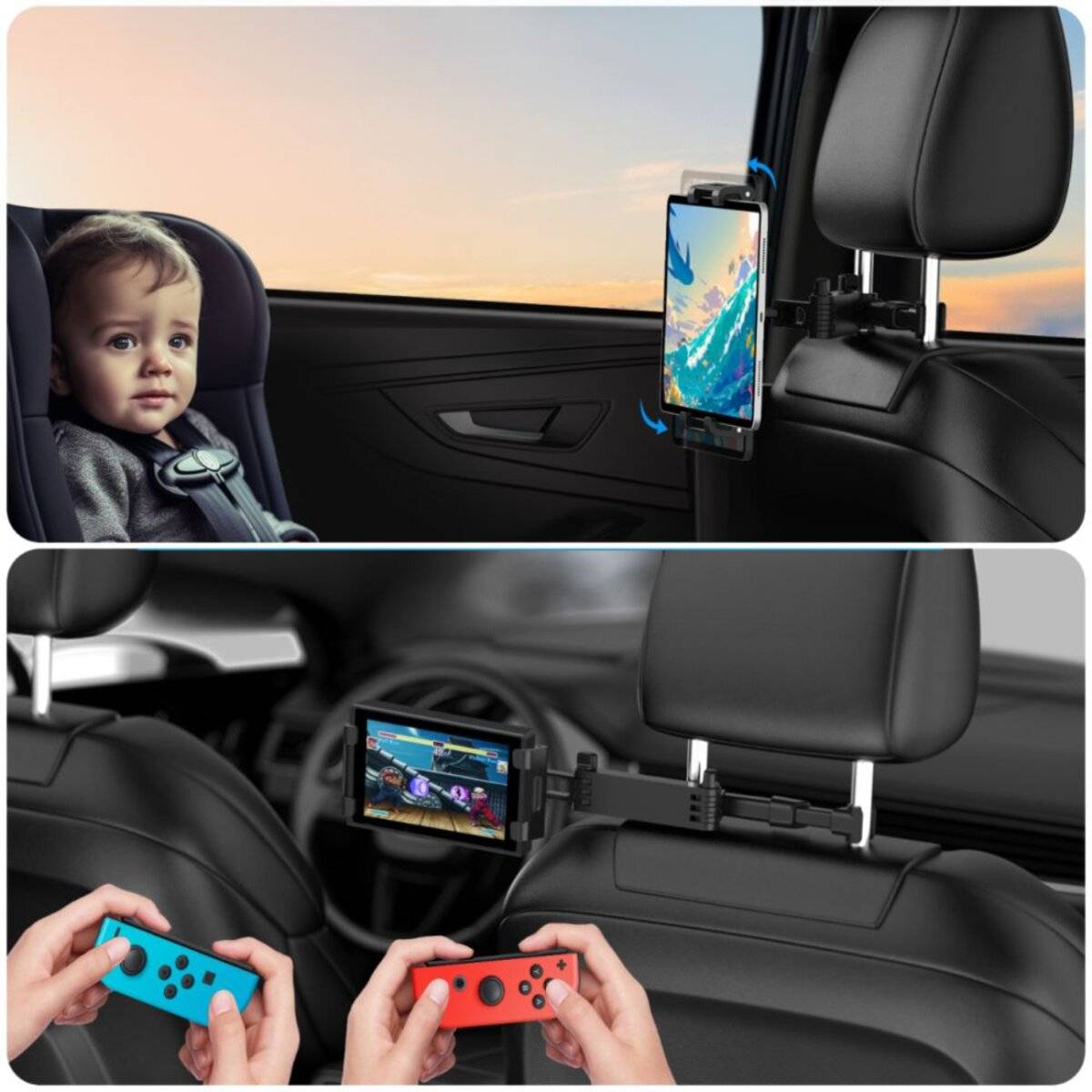 Ein Kind in einem Kindersitz beobachtet ein Tablet, das an der Kopfstütze befestigt ist. Darunter halten zwei Personen Spielcontroller und spielen ein Spiel auf einem Tablet.