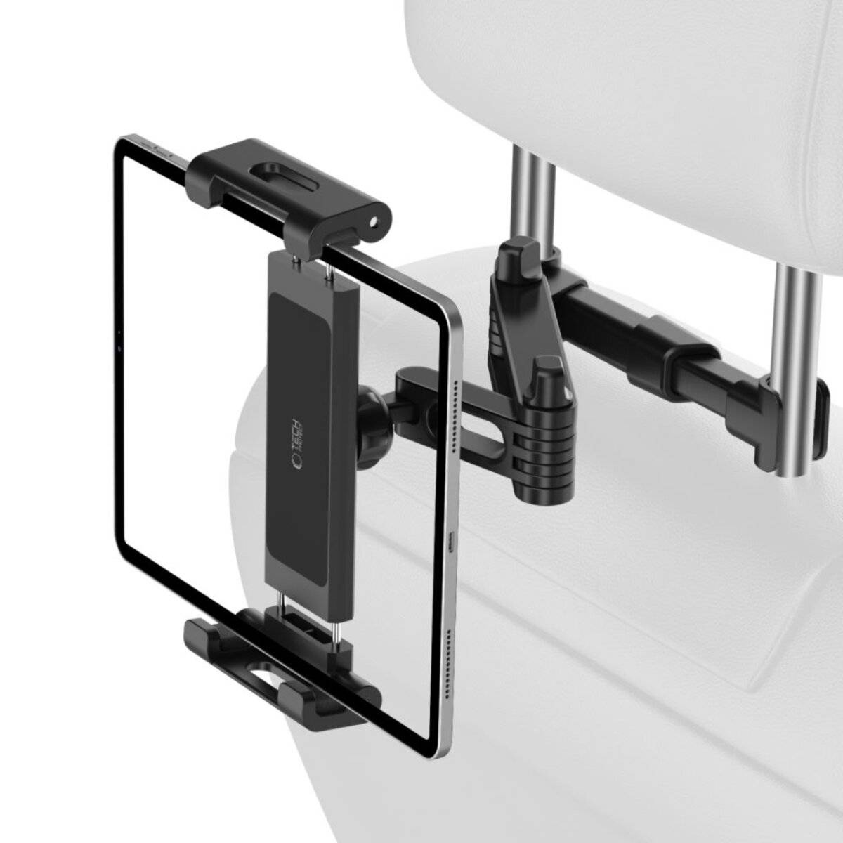 Eine Kopfstützenhalterung für Autos hält ein Tablet sicher horizontal für Mitfahrer auf der Rückbank, was eine freihändige Nutzung während der Reise ermöglicht.