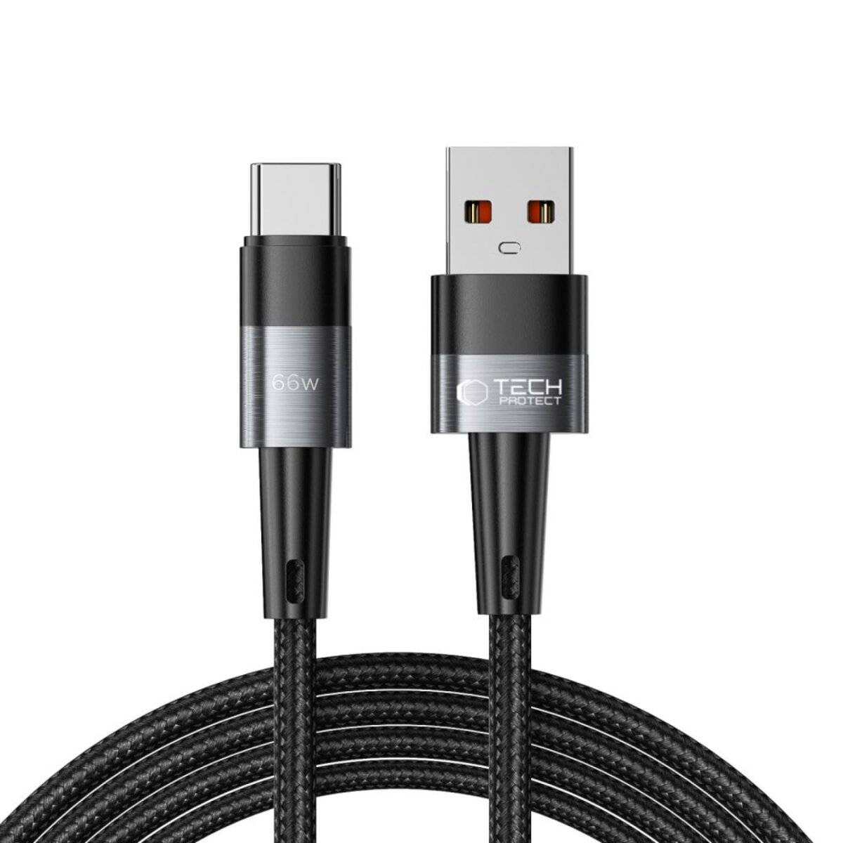 Ein schwarzes USB-C auf USB-A Kabel mit einer Beschriftung, die '66W' und das 'Tech Protect' Logo zeigt, geeignet zum schnellen Laden von Geräten.