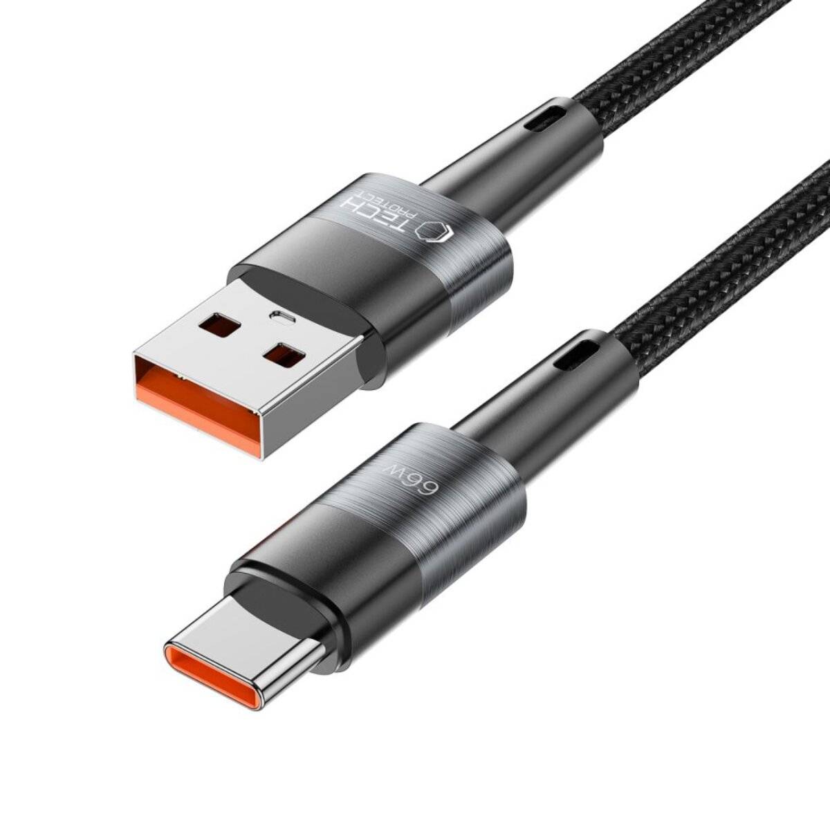 Ein schwarzes USB Typ-A zu USB Typ-C Kabel mit geflochtener Textur, beide Anschlüsse werden gezeigt.