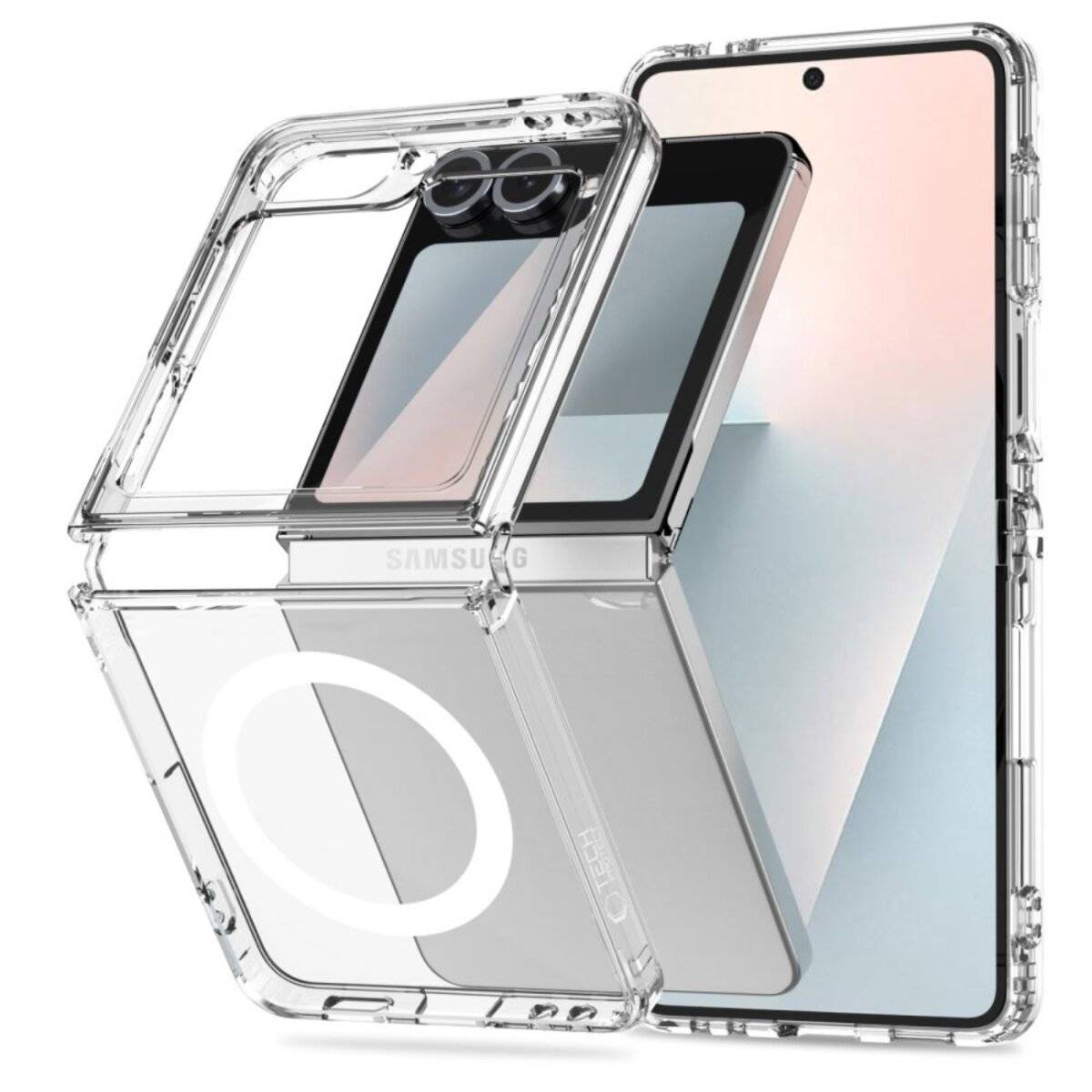 Durchsichtige Handyhülle mit präzisen Aussparungen für Kameras und Tasten, die die Kompatibilität mit dem faltbaren Samsung Galaxy Z Flip Smartphone zeigt.