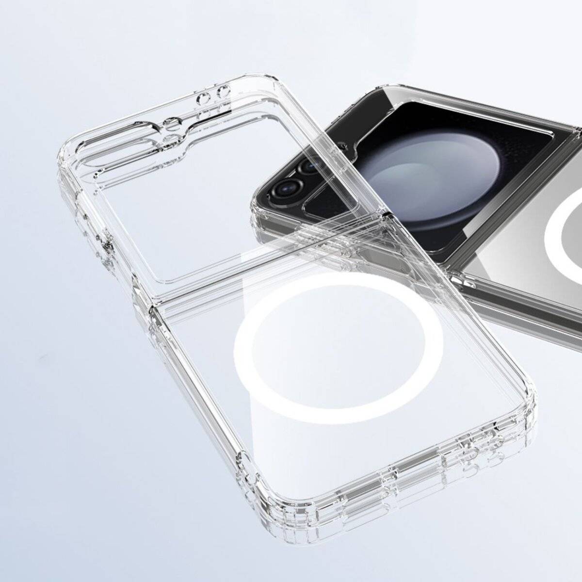 Eine transparente Handyhülle mit strukturierter Griffoberfläche ist auf einem schwarzen, faltbaren Telefon zu sehen, das teilweise geöffnet ist und seinen inneren Scharniermechanismus offenlegt.