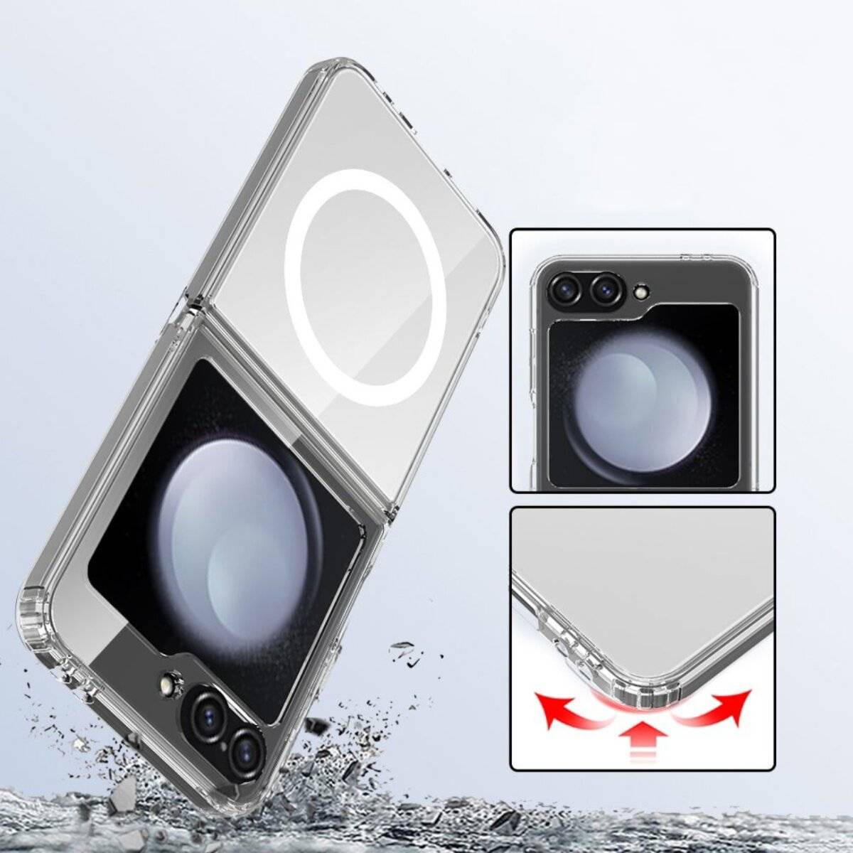 Transparente Handyhülle mit einer durchsichtigen Klappe für ein Klapphandy, die Handyschutz zeigt. Wasserfestes Design mit Scharnierdetails.