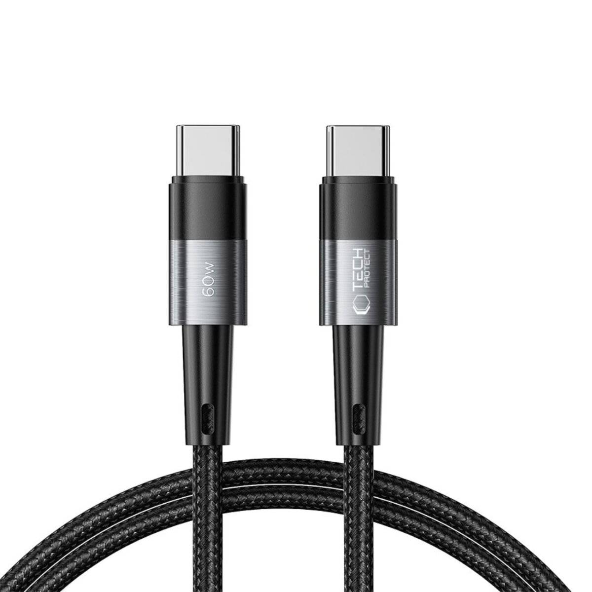 Ein schwarzes geflochtenes USB-C-Kabel mit Metallsteckern; ein Ende mit der Aufschrift „60W