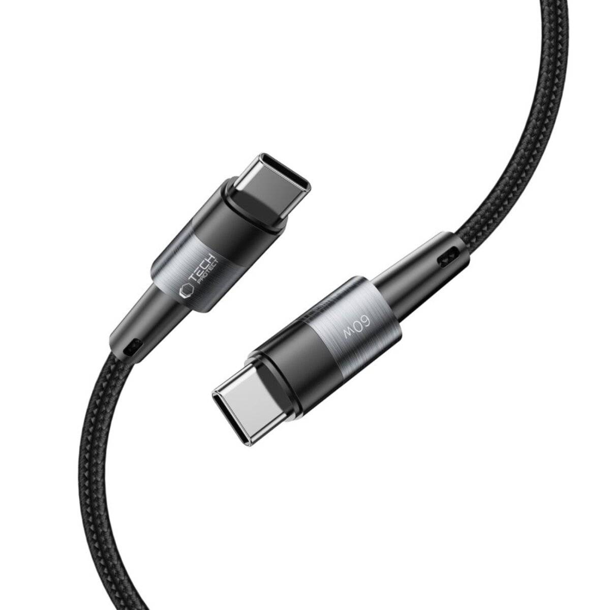Ein USB-C zu USB-C Kabel mit geflochtenem schwarzem Material und metallischen Anschlüssen, mit einer Markenlogo versehen, vorgesehen zum Laden oder Datentransfer.