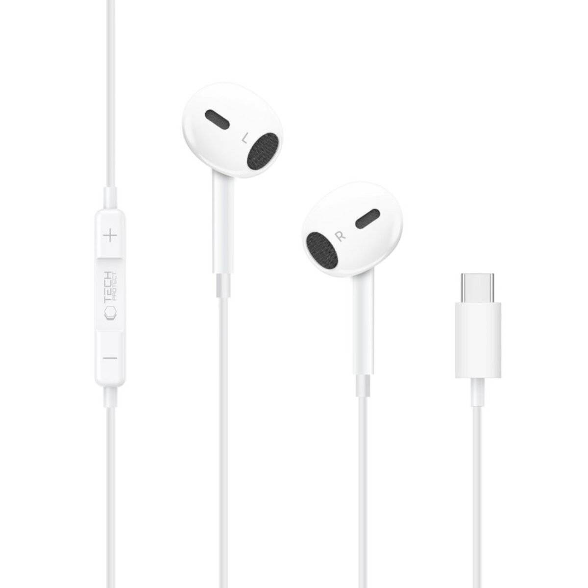 Weiße Kabelkopfhörer mit integriertem Mikrofon und Lautstärkeregelung. Mit 'L' und 'R' für links und rechts gekennzeichnet. Enthält einen USB-C-Anschluss.