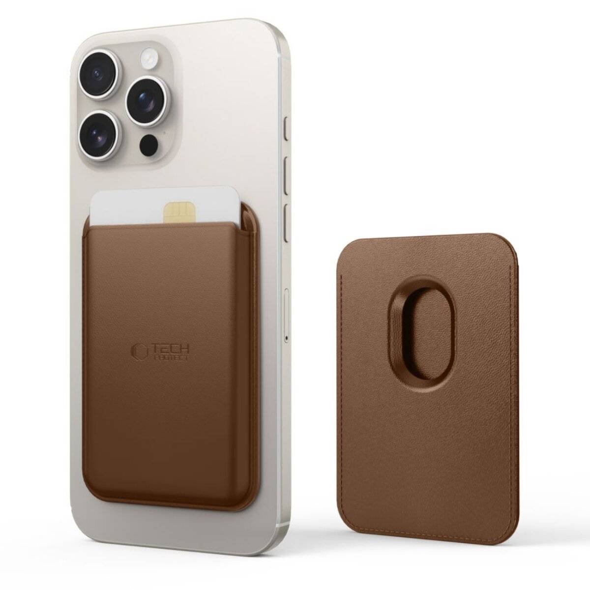 Ein Smartphone mit einem braunen Kartenhalter, der an der Rückseite befestigt ist, wobei eine Karte teilweise eingeschoben ist. Eine passende braune magnetische Abdeckung liegt daneben.