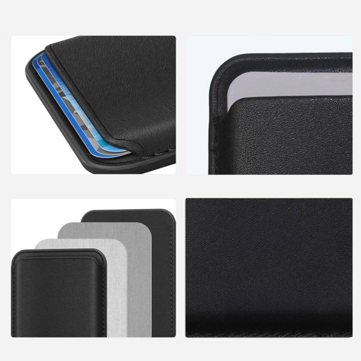 Schwarze Geldbörse mit blau hervorscheinenden Karten, in verschiedenen Detailaufnahmen gezeigt. Schlichtes und elegantes Design mit minimalistischen Details.