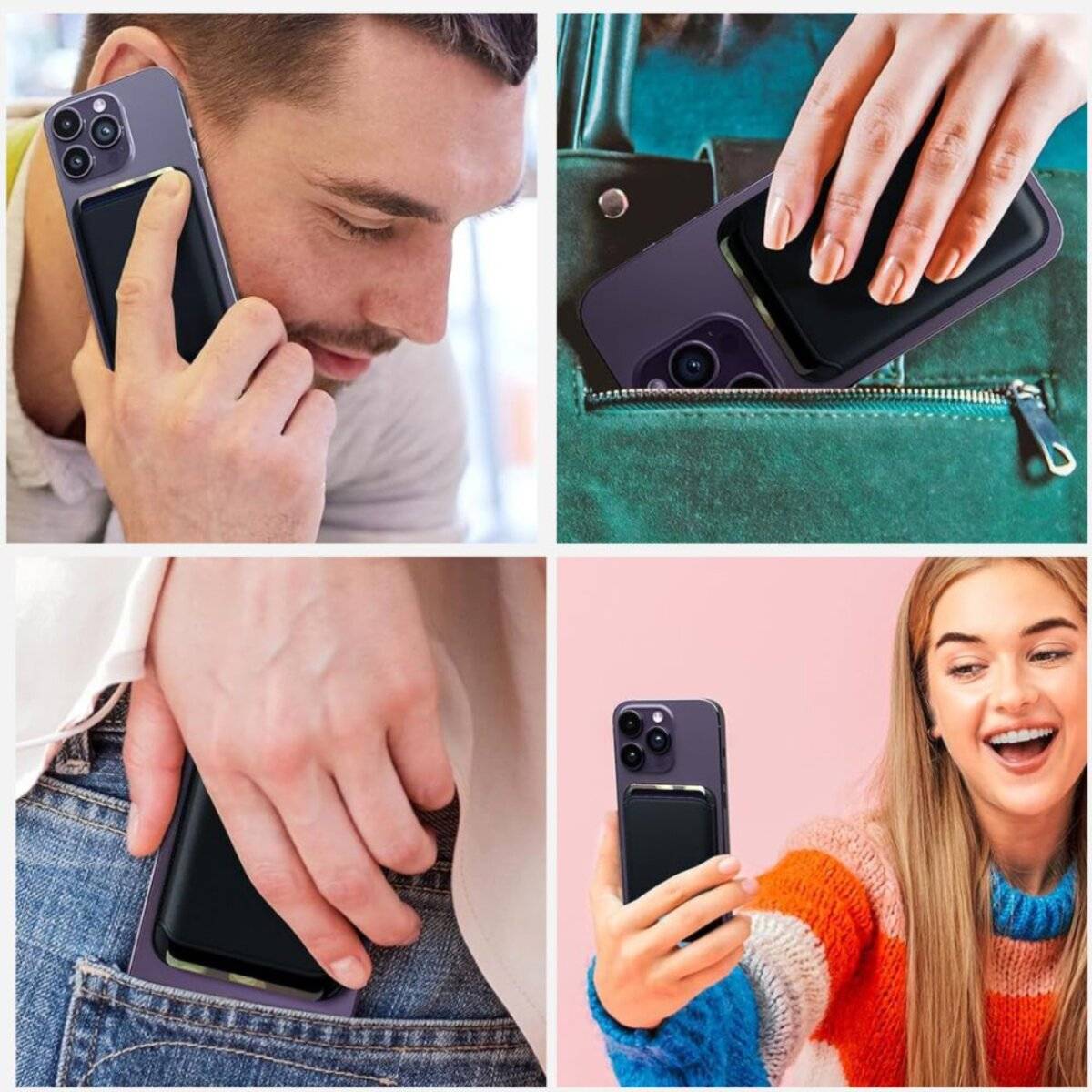 Ein Telefon mit einer Kartenhalterung wird in verschiedenen Kontexten gezeigt: gehalten von einem Mann, in einer Tasche platziert, aus einer Tasche genommen und neben einer lächelnden Frau.
