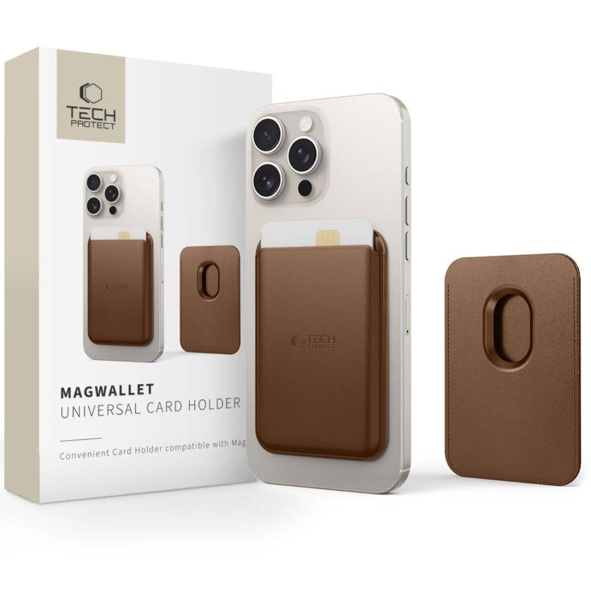 Telefon mit braunem Kartenhalter; Verpackung zeigt 'Magwallet Universal Card Holder', kompatibel mit MagSafe-Geräten.