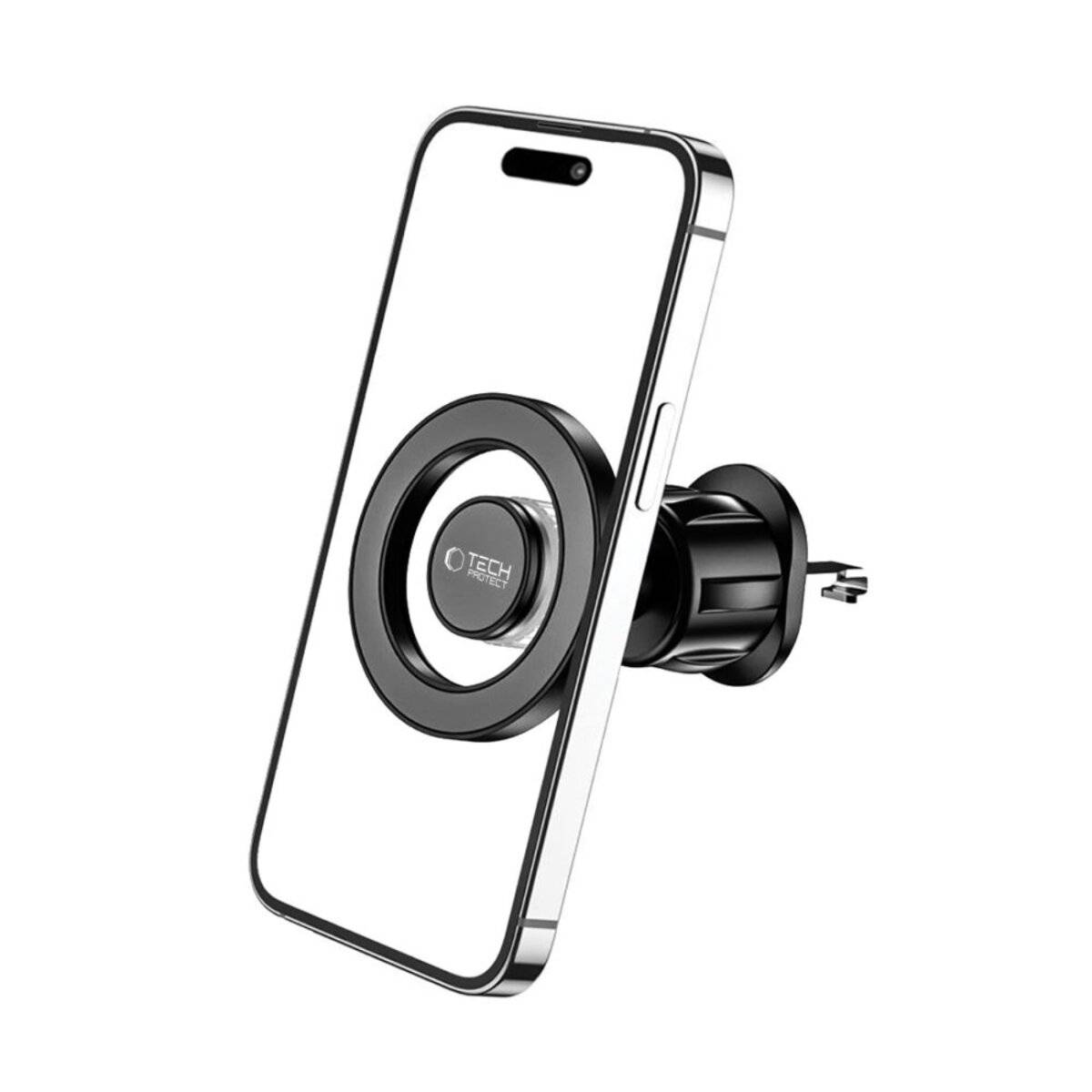 Ein Telefon mit magnetischer Rückseite ist an einer Autobelüftungshalterung befestigt. Die Halterung hat ein kreisförmiges Design und passt in die Lüftungsschlitze.