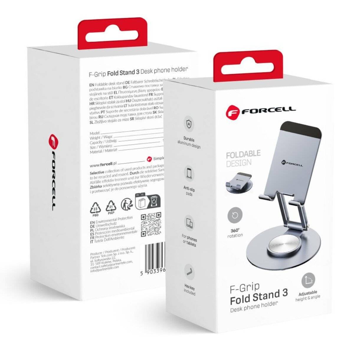 Forcell F-GRIP Fold Stand 3 – Faltbarer 360° Smartphone- und Tablet-Tischständer Grau