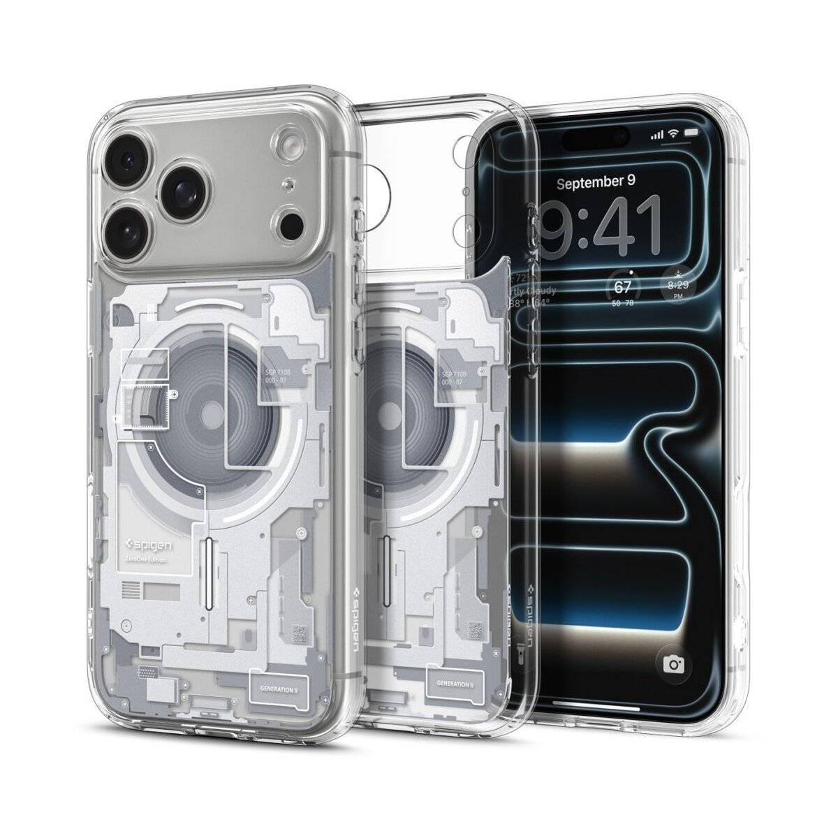 Ein Handyhüllen-Set weist ein futuristisches, schaltkreisähnliches Design auf. Die Hülle ist transparent mit komplexen Mustern und passt zum abgebildeten Smartphone.