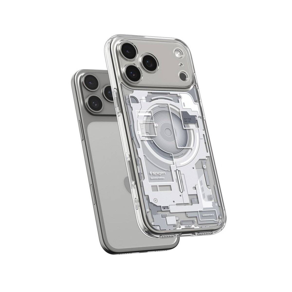 Eine transparente Handyhülle, die das Innenleben eines Smartphones offenbart, mit kreisförmigen Leiterbahnen und Komponenten sowie drei Kameraobjektiven.