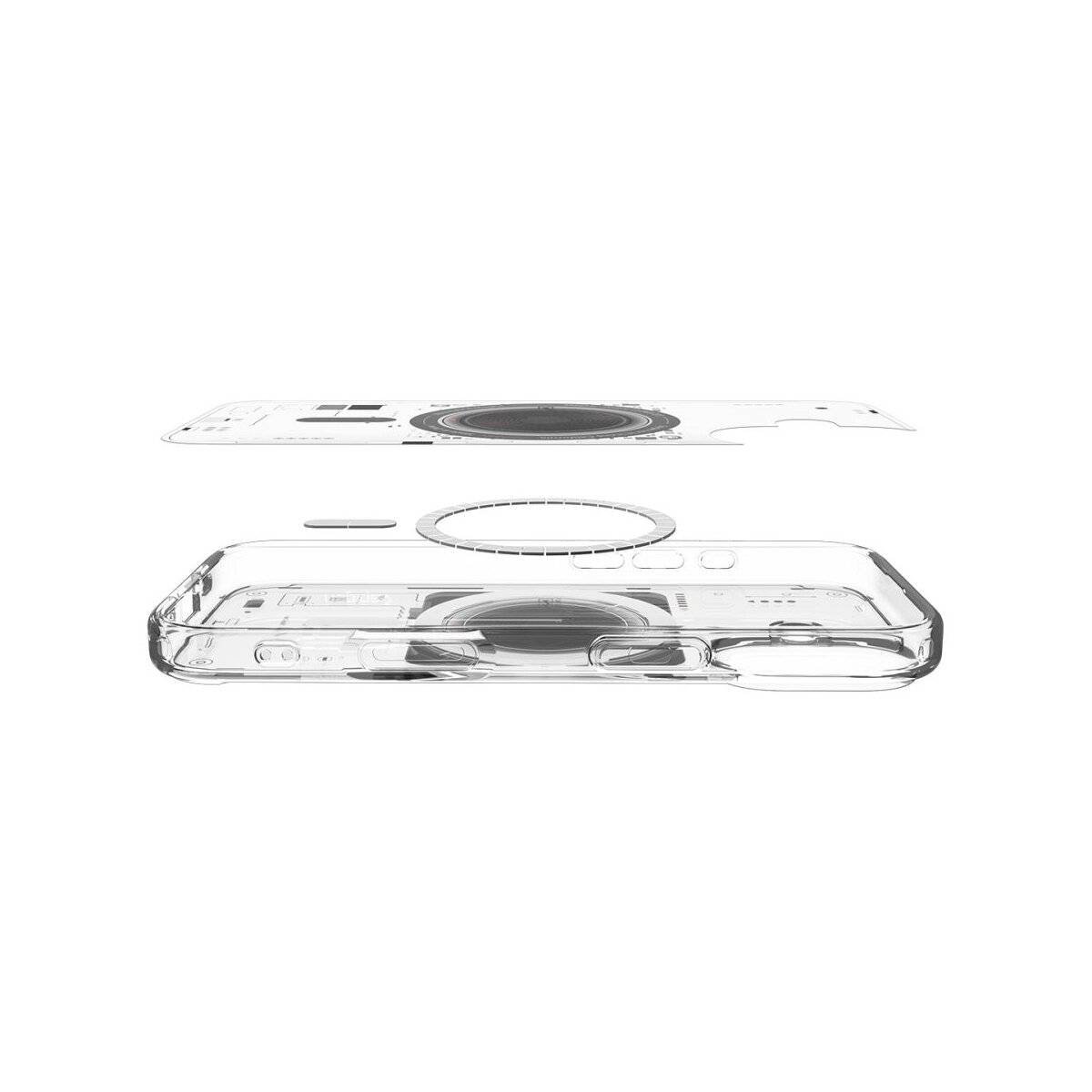 Ein transparenter Smartphone-Handyfall mit integriertem Ringhalter wird in einer Seitenansicht gezeigt, wobei sein schlankes Design und das kreisförmige Element hervorgehoben werden.