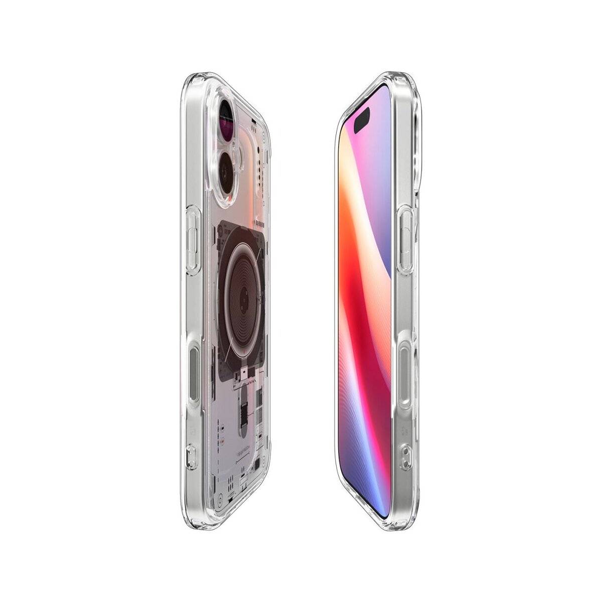 Durchsichtige Smartphone-Hüllen zeigen Vorder- und Rückseite von zwei Telefonen; eines hat eine farbenfrohe Anzeige, das andere offenbart Innenkomponenten.