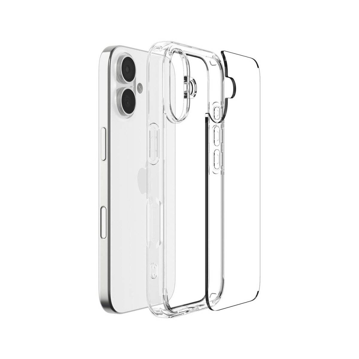 Transparente Handyhülle für ein Smartphone, in drei Teilen dargestellt: Vorderansicht, Rückansicht und Seitenansicht, mit Aussparungen für Tasten und Kamera.