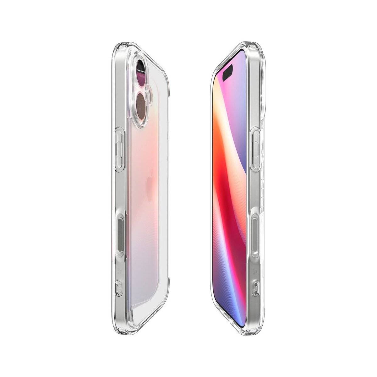 Zwei Smartphones mit transparenten Schutzhüllen werden nebeneinander gezeigt, wobei das Design des Telefons und die durchsichtigen Schutzfunktionen der Hülle hervorgehoben werden.