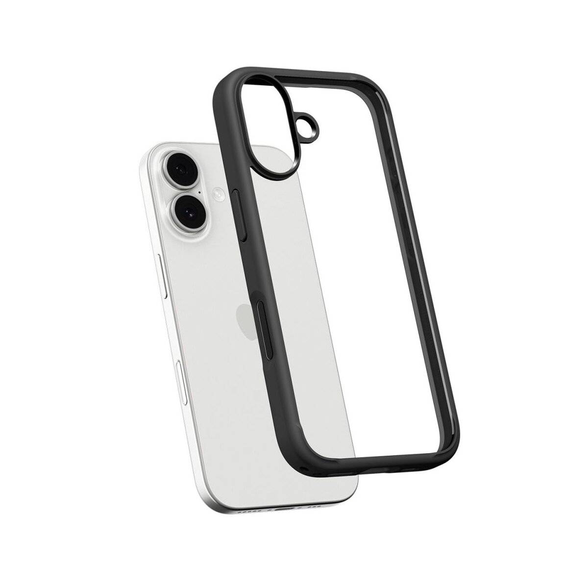 Ein Smartphone mit einer Dual-Kamera neben einem schwarzen Schutzgehäuse. Das Handy ist silberfarben mit einem eleganten Design, und das Gehäuse ist transparent.