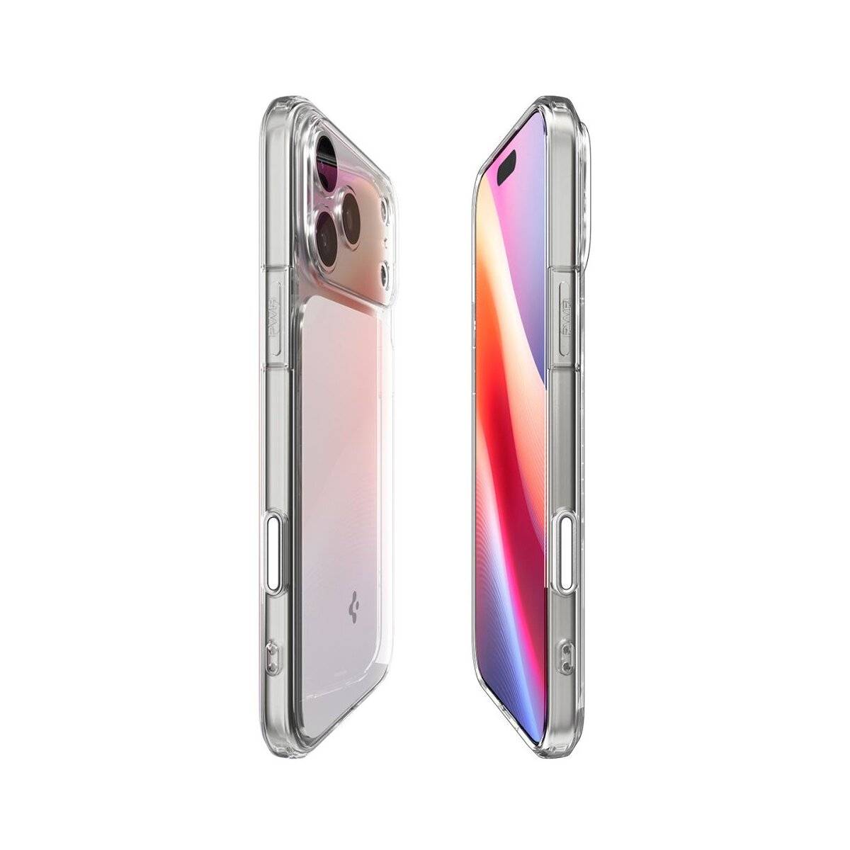 Zwei transparente Smartphone-Hüllen zeigen Front- und Rückansichten eines Telefons und heben Kameraausschnitte und Tastenplatzierungen hervor.