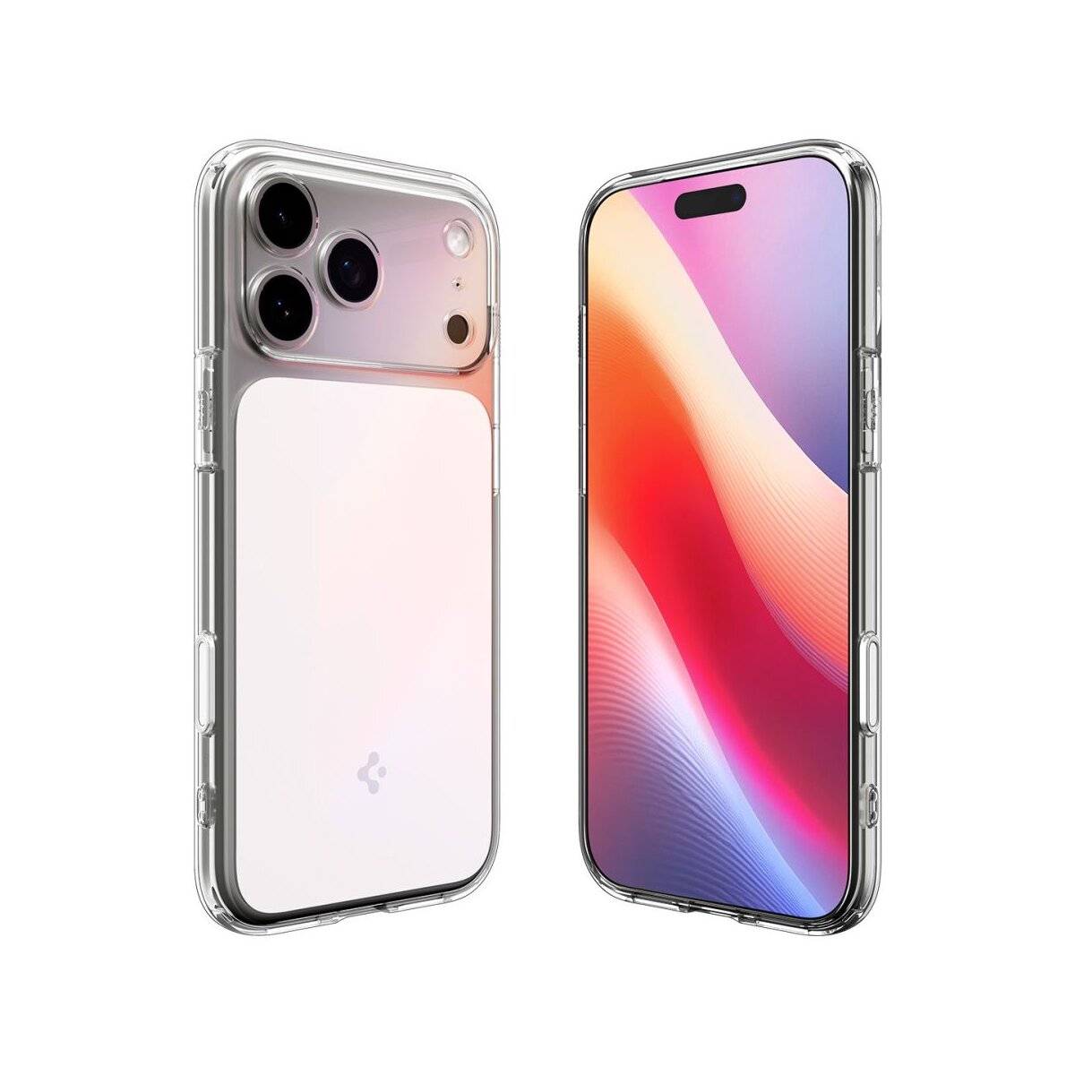 Zwei Smartphones werden gezeigt: eines zeigt den Bildschirm mit farbenfrohen Wellen, das andere präsentiert die Rückseite mit drei Kameras in einem durchsichtigen Gehäuse.