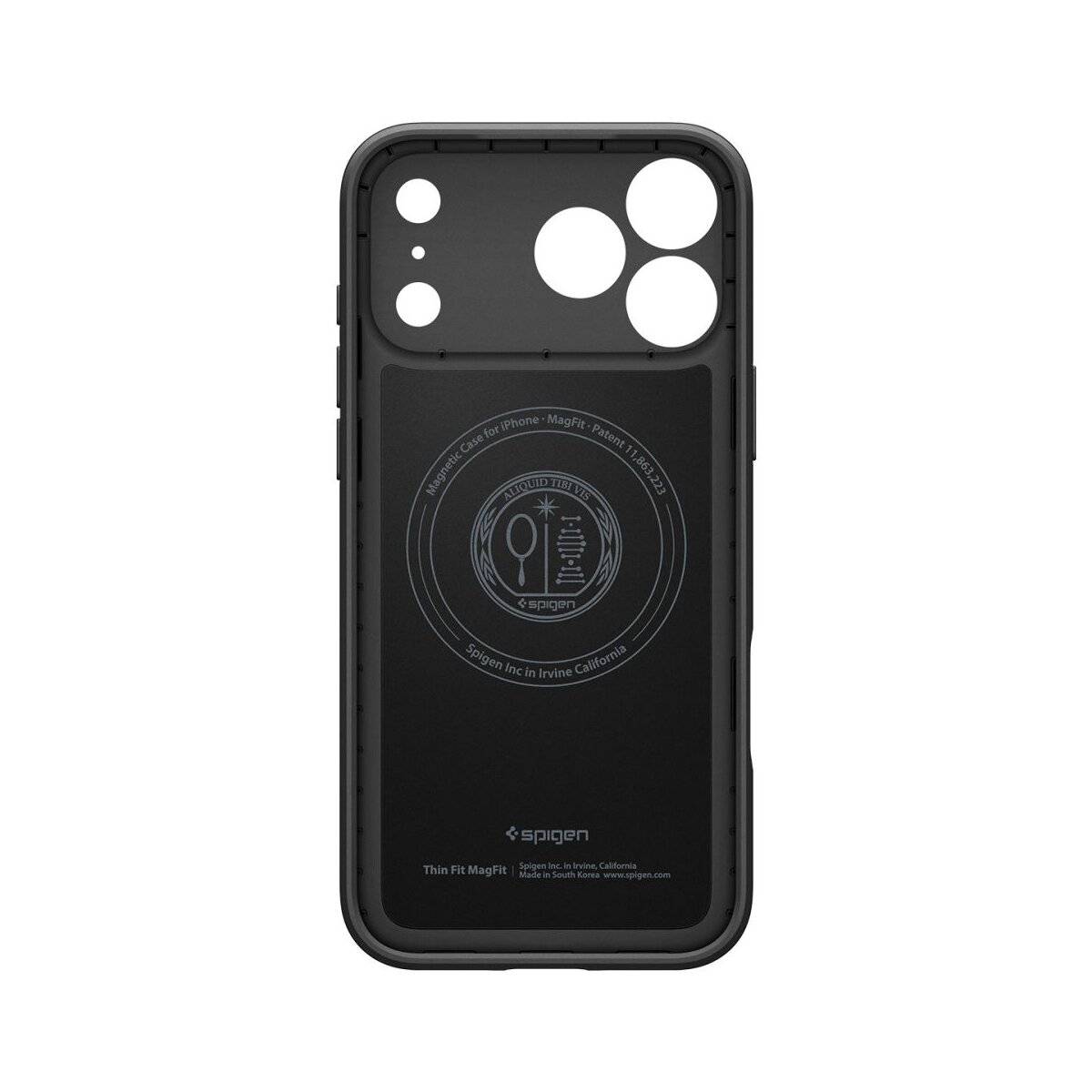 Ein schwarzes Smartphone-Gehäuse mit Aussparungen für Kameraobjektive und einem kreisförmigen MagFit-Logo in der Mitte. Entwickelt für Schutz und Kompatibilität mit MagSafe-Zubehör.