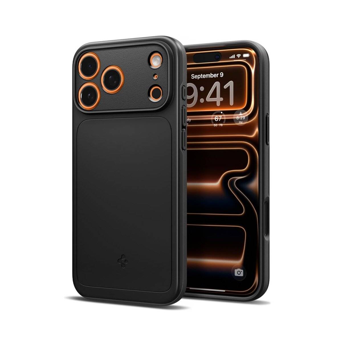 Zwei Smartphones mit schwarzen Hüllen; eines zeigt die Zeit '9:41' und das Datum 'September 9' auf dem Bildschirm mit abstraktem Hintergrunddesign.