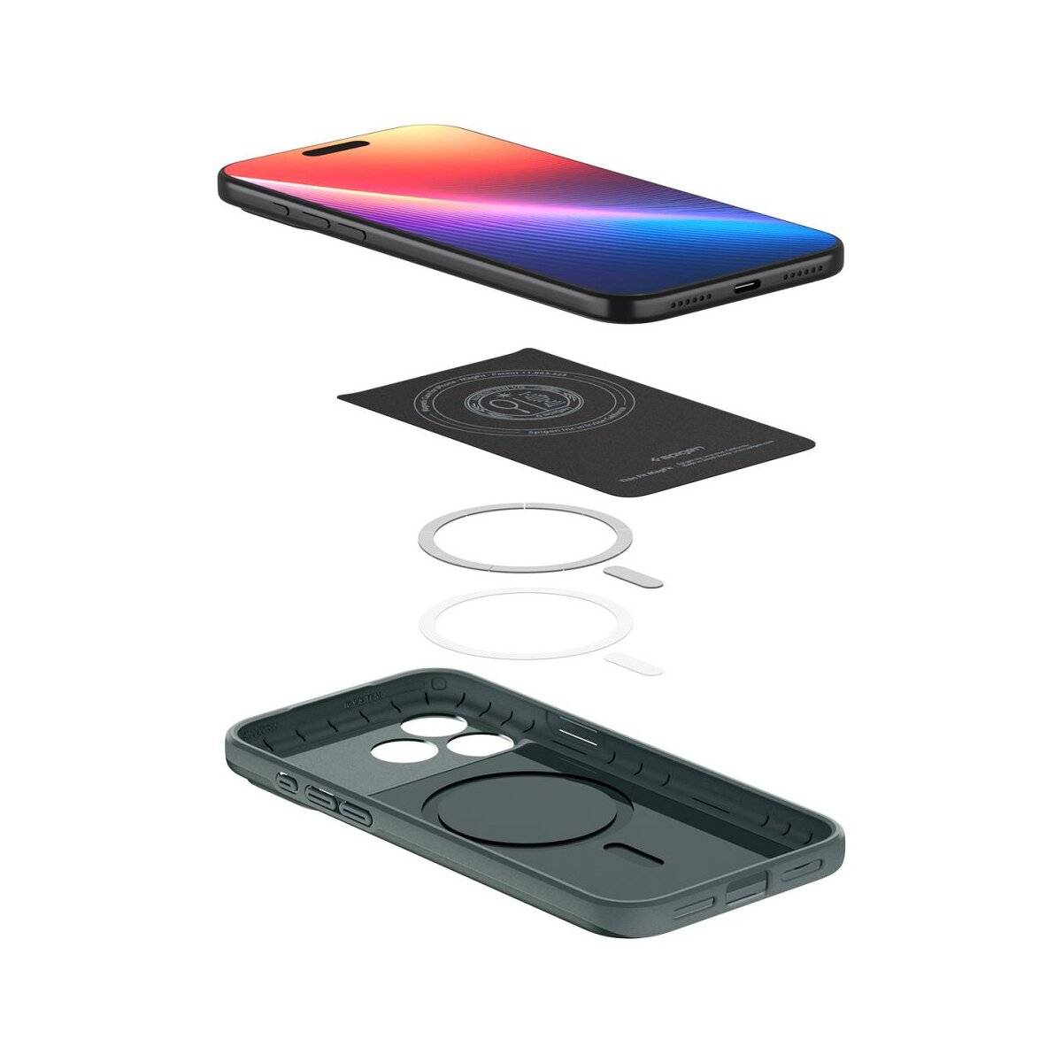 Ein Smartphone mit einem mehrfarbigen Bildschirm, einem dünnen Ladegerät, Ringen und einer Schutzhülle, in einer Explosionsdarstellung präsentiert.