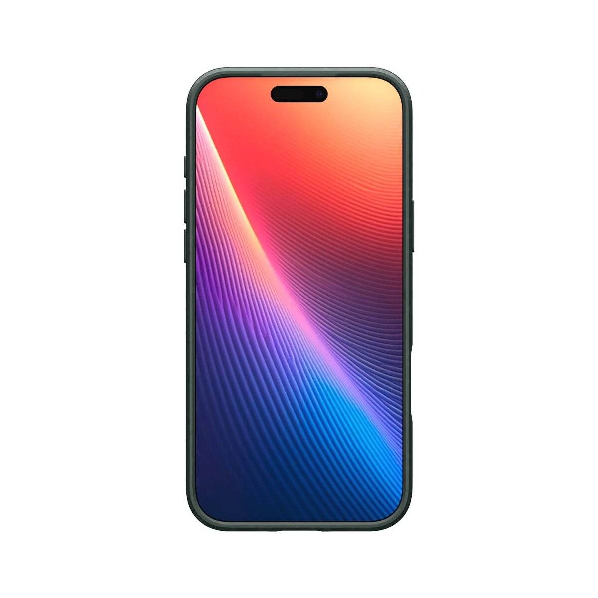 Ein Smartphone, das einen lebendigen, mehrfarbigen Bildschirm mit abstrakten Wellenmustern in Schattierungen von Orange, Violett und Blau zeigt.