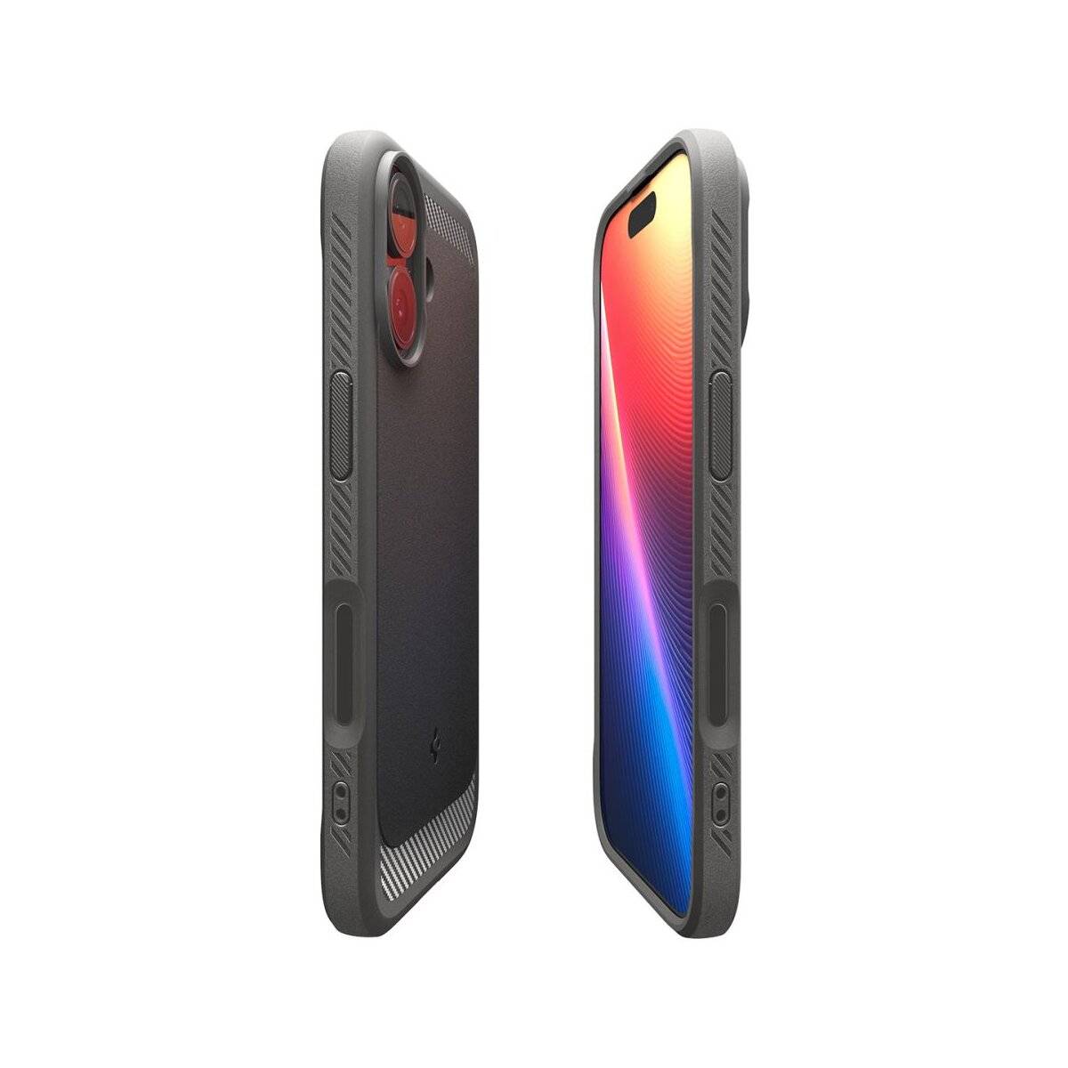 Schwarze Handyhülle mit gerillten Seiten, von vorne und hinten gezeigt, mit präzisen Aussparungen für Tasten, Kamera und Lautsprecher.