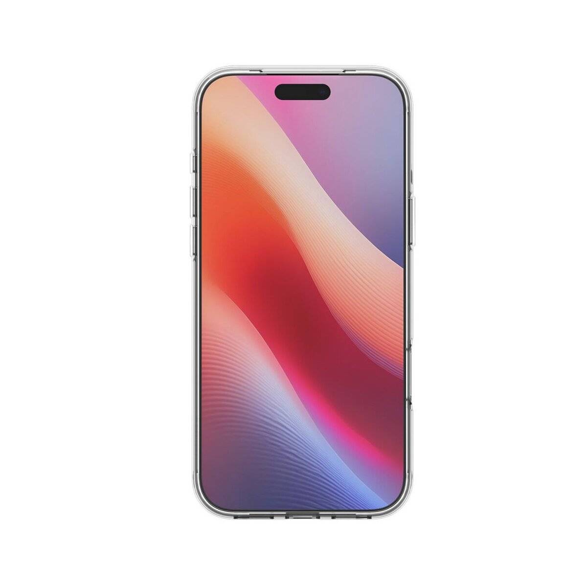 Ein Smartphone mit einem lebendigen, Farbverlauf-Hintergrund, der weiche Wellen in Rot-, Orange- und Purpurtönen auf dem Bildschirm zeigt.