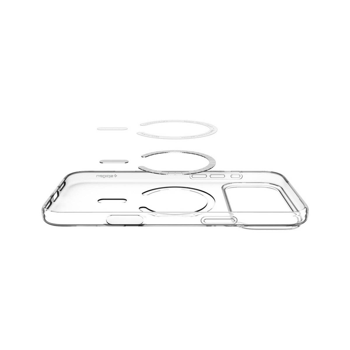 Transparente Handyhülle mit beschrifteten Teilen für Tasten und Kamera, die die getrennten Materialschichten für Details zeigt.