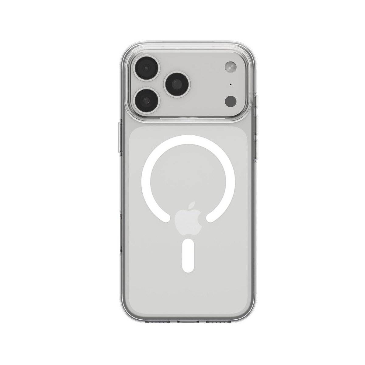 Transparente Handyhülle, die Apples MagSafe-Technologie mit kreisförmigem Design und Apple-Logo präsentiert, kompatibel mit iPhone-Modell mit drei Kameras.