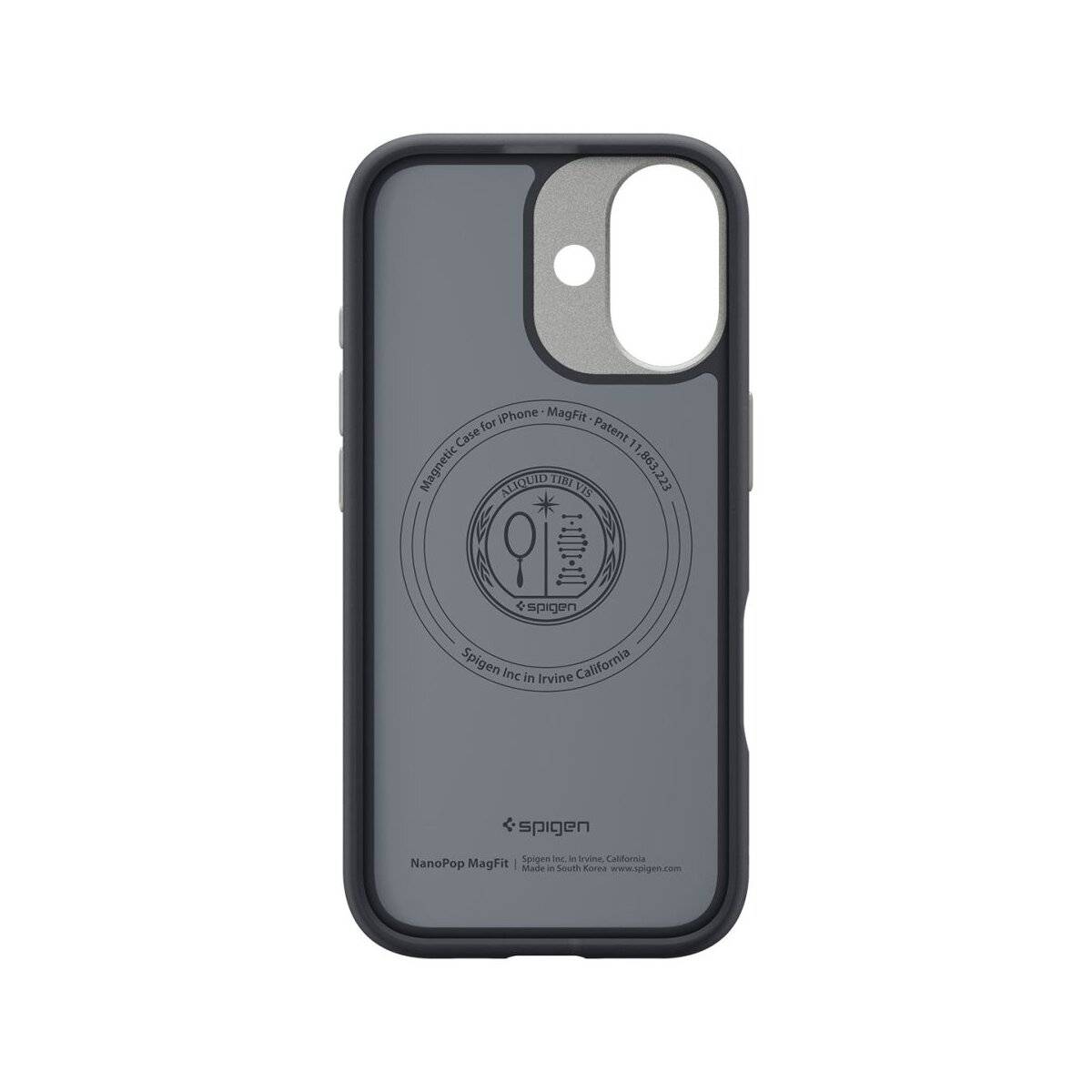 Eine Handyhülle mit kreisförmigem Magnetdesign, kompatibel mit dem iPhone-Modell MagFit, hergestellt von Spigen. Branding und Kompatibilitätstext eingraviert.
