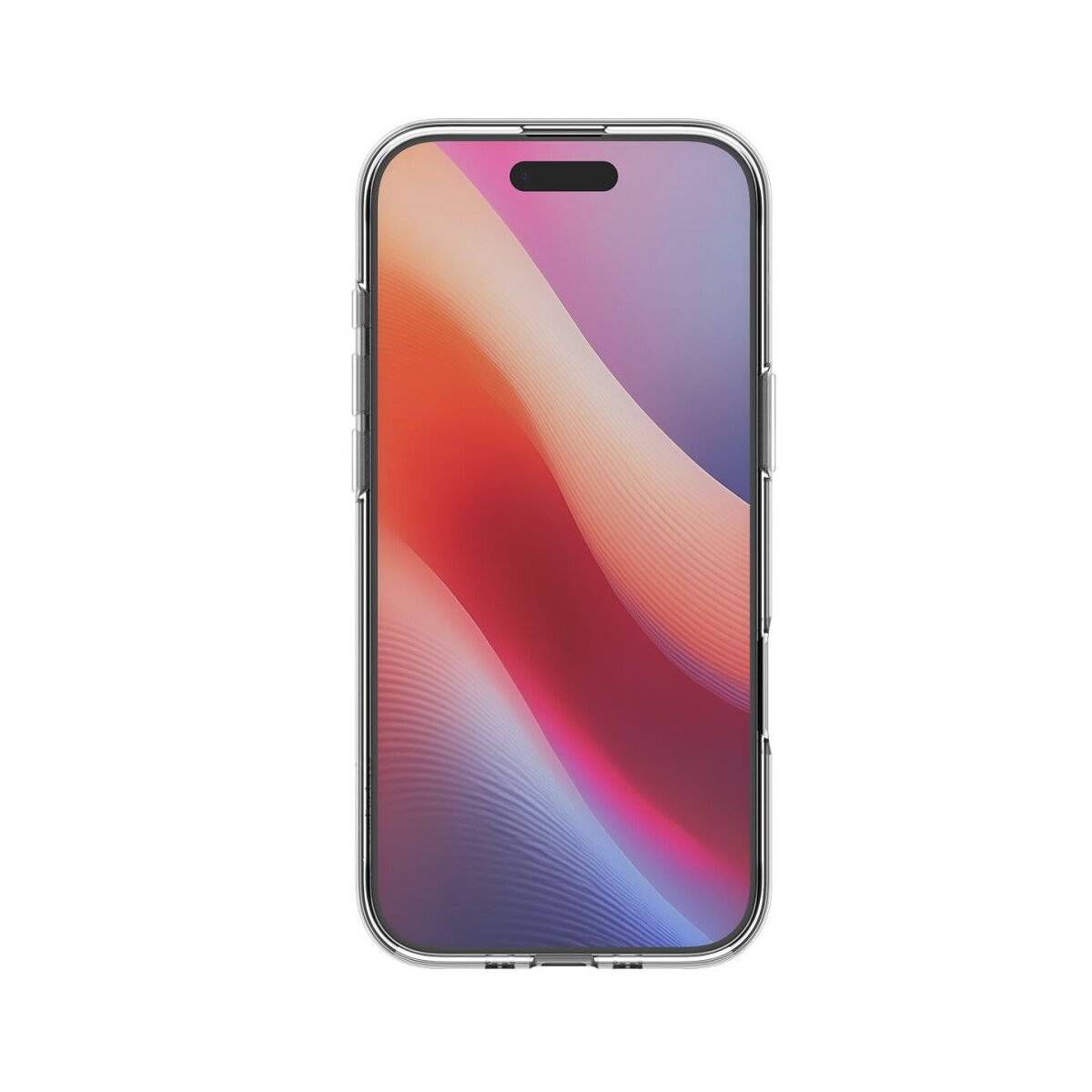 Ein Smartphone mit einem lebhaften, abstrakten Wellenmuster in Rot und Rosa auf dem Bildschirm, von vorne betrachtet mit einem silbernen Rahmen.