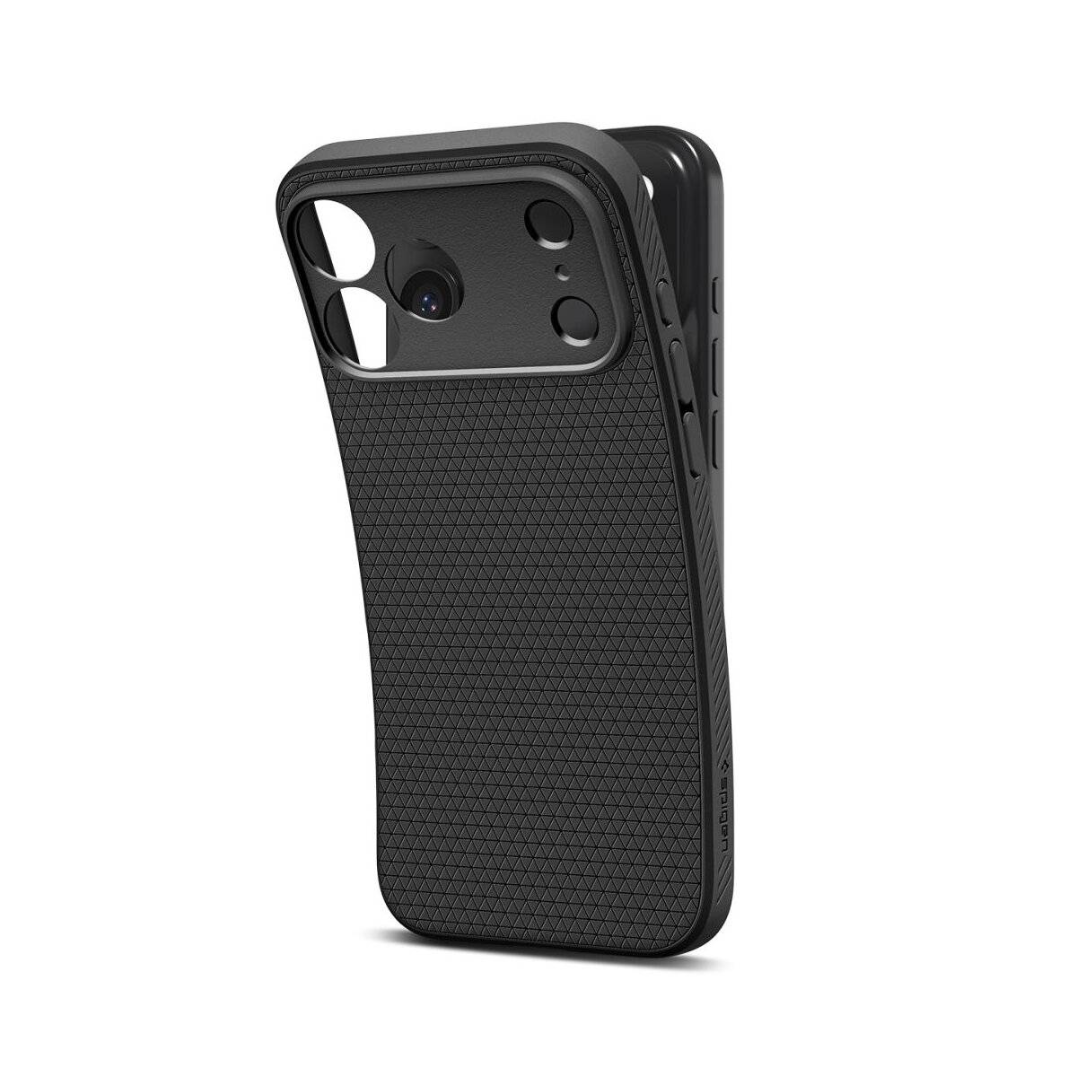 Ein schwarzes Smartphone-Gehäuse mit strukturierter Griffoberfläche und Aussparungen für eine Dual-Kamera wird aufrecht stehend präsentiert, wobei sein Schutzdesign hervorgehoben wird.