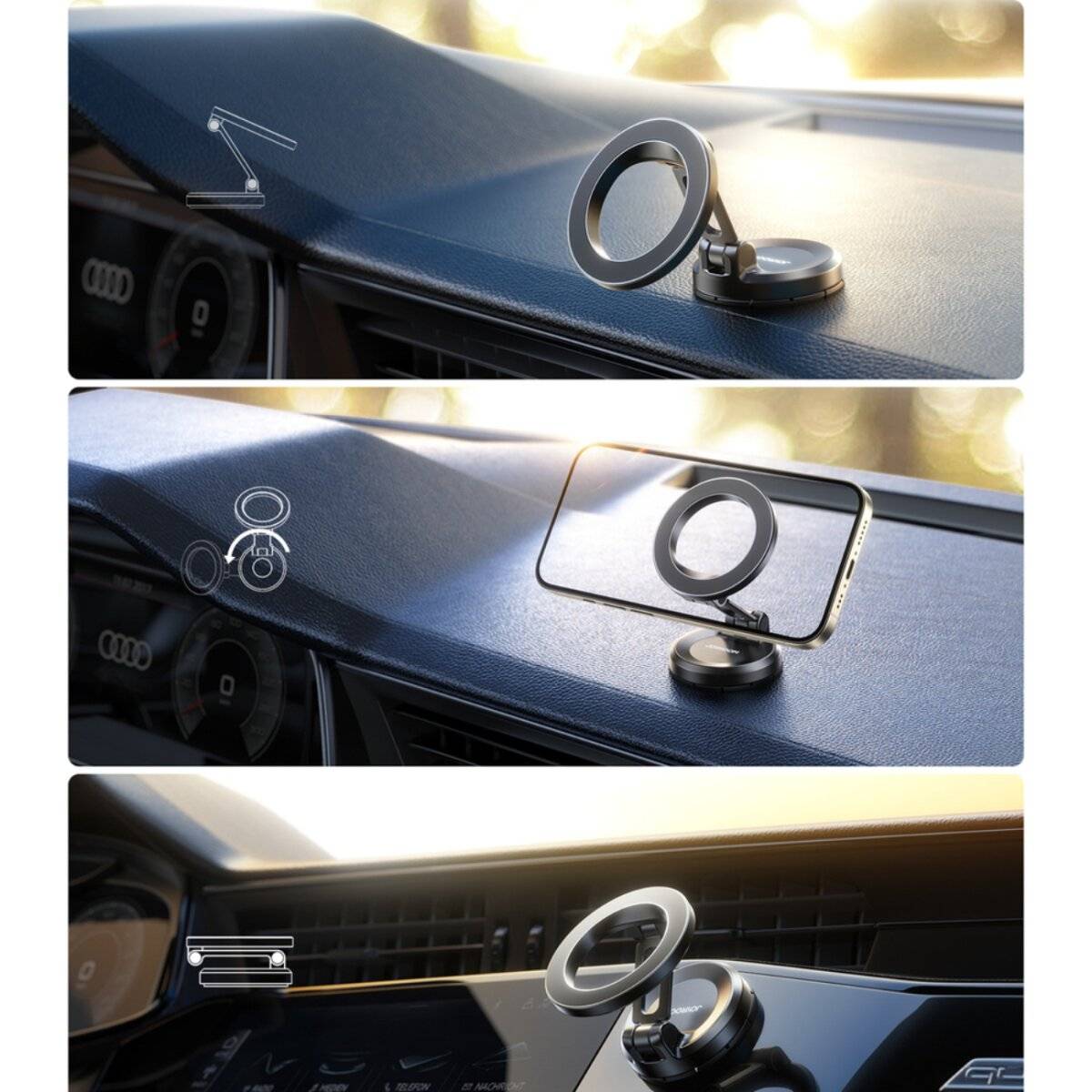Ein magnetischer Telefonhalter, der an einem Armaturenbrett befestigt ist, zeigt ein Telefon in verschiedenen Winkeln und unterstreicht seine Montage- und Flexibilitätsfähigkeiten.
