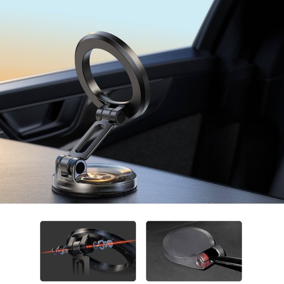Ein magnetischer Smartphone-Halter für Autos ist am Armaturenbrett befestigt, mit einem kreisförmigen Griff und einem verstellbaren Arm. Einschübe zeigen Detailansichten aus der Nahaufnahme.