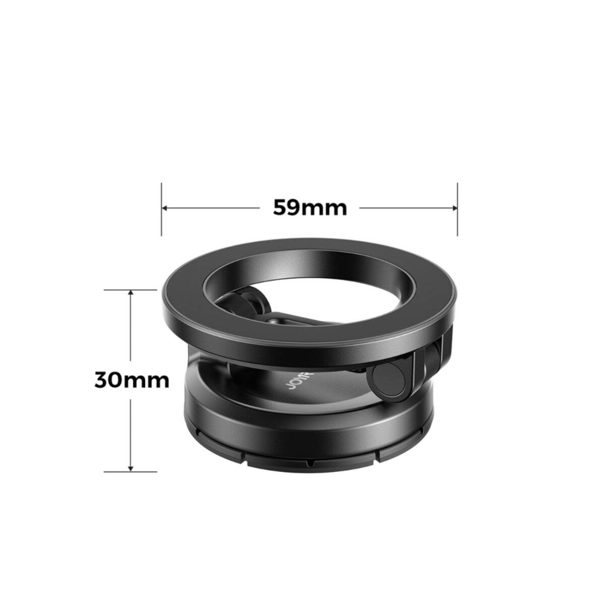 Ein kompaktes schwarzes Objekt mit kreisförmigem Design; die Abmessungen sind mit 59 mm Breite und 30 mm Höhe beschriftet.