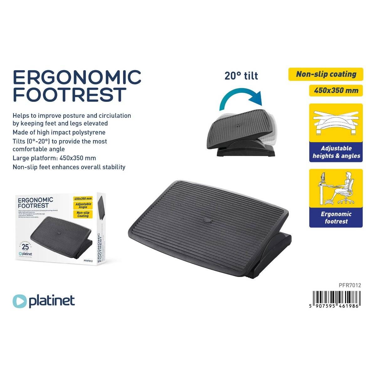 Platinet ergonomische Fußstütze für Büroarbeitsplatz, Neigbar 0–20°