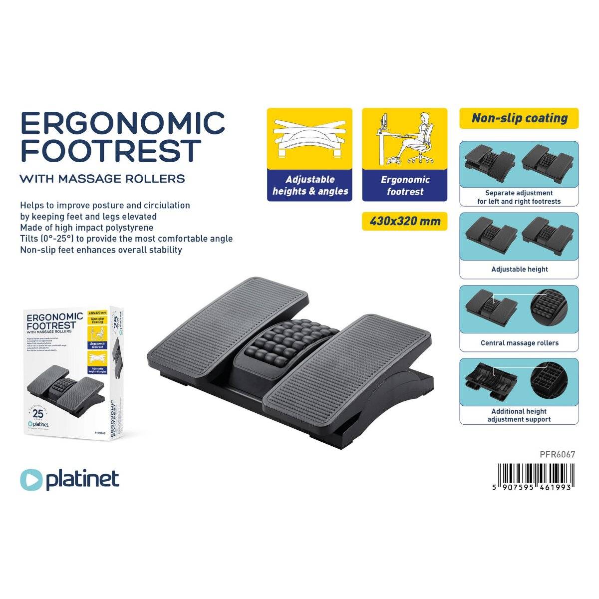 Platinet PFR6067 Fußstütze Büro, 42,5 × 32,5 cm, Anti-Rutsch Oberfläche, Massagefunktion, Neigung bis 25°