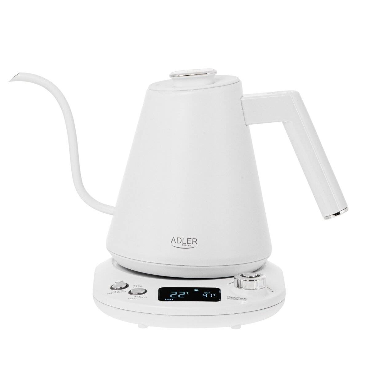 Adler AD 1349 Wasserkocher 1 L - LED & 360° Drehsockel - Weiß/Silber