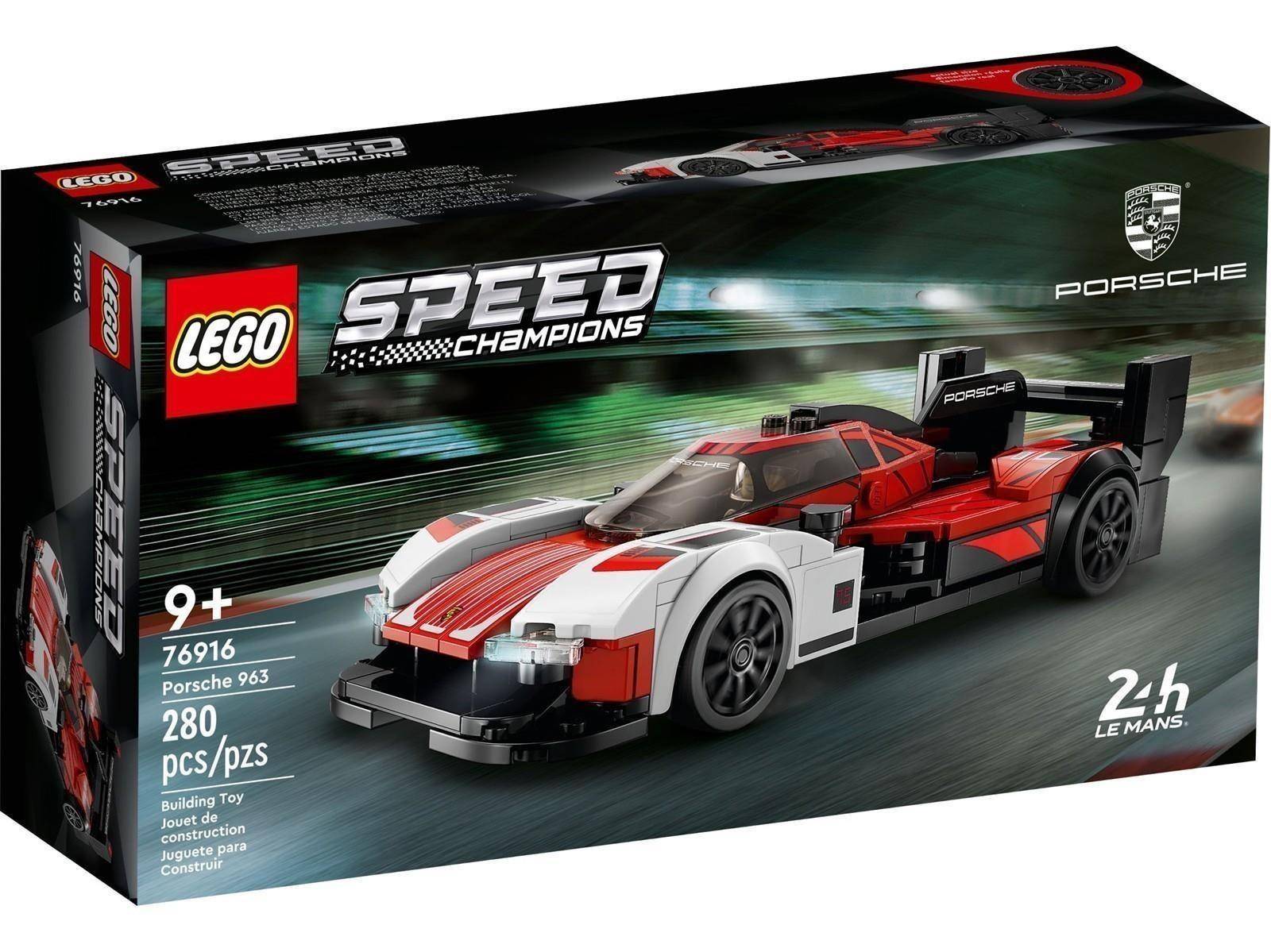 LEGO Speed Champions Porsche 963 Spielzeugauto-Set-Box mit einem rot, weiß und schwarz gefärbten Rennwagen; ab 9 Jahren und 280 Teile.