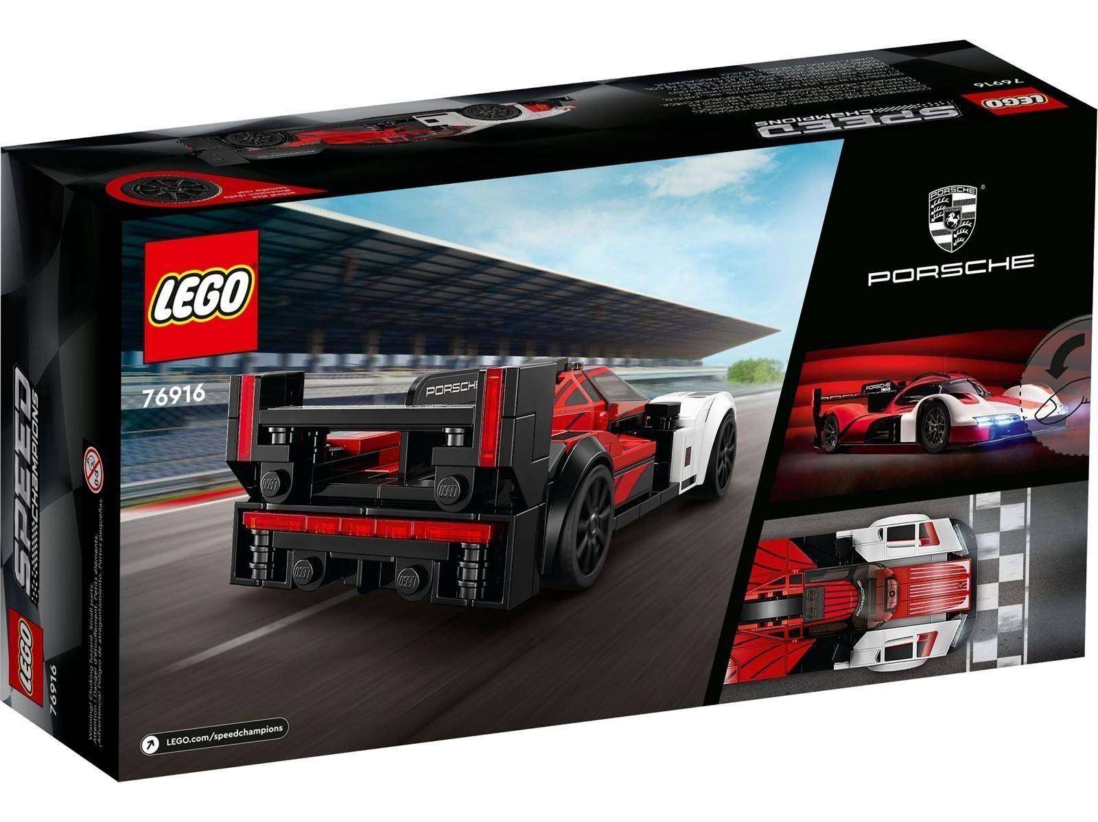 LEGO Porsche 76916 Rennwagen-Set-Karton mit einem roten, weißen und schwarzen Porsche 963 auf einer Rennstrecke, mit Porsche-Logo und Modellbildern auf der Verpackung.