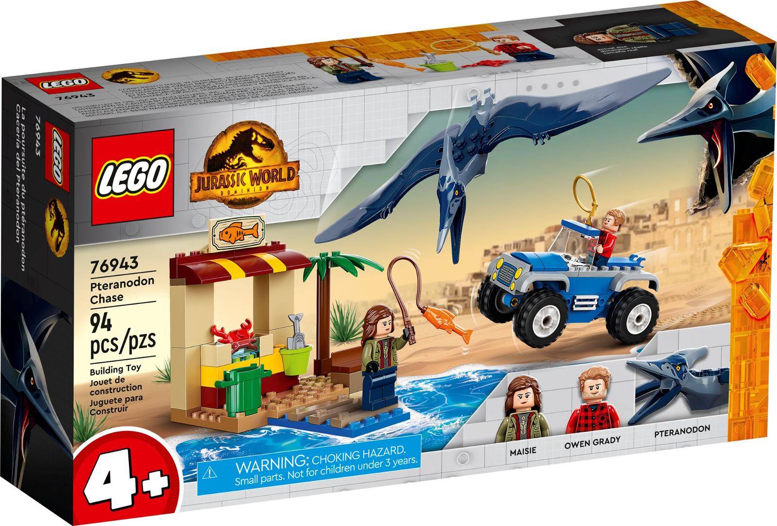 LEGO Jurassic World Set-Box mit Pteranodon-Figur, Minifiguren auf einem Traktor und Anlegesteg, Spielzeugfisch und Wasser. Alterswarnung 4+ angezeigt.