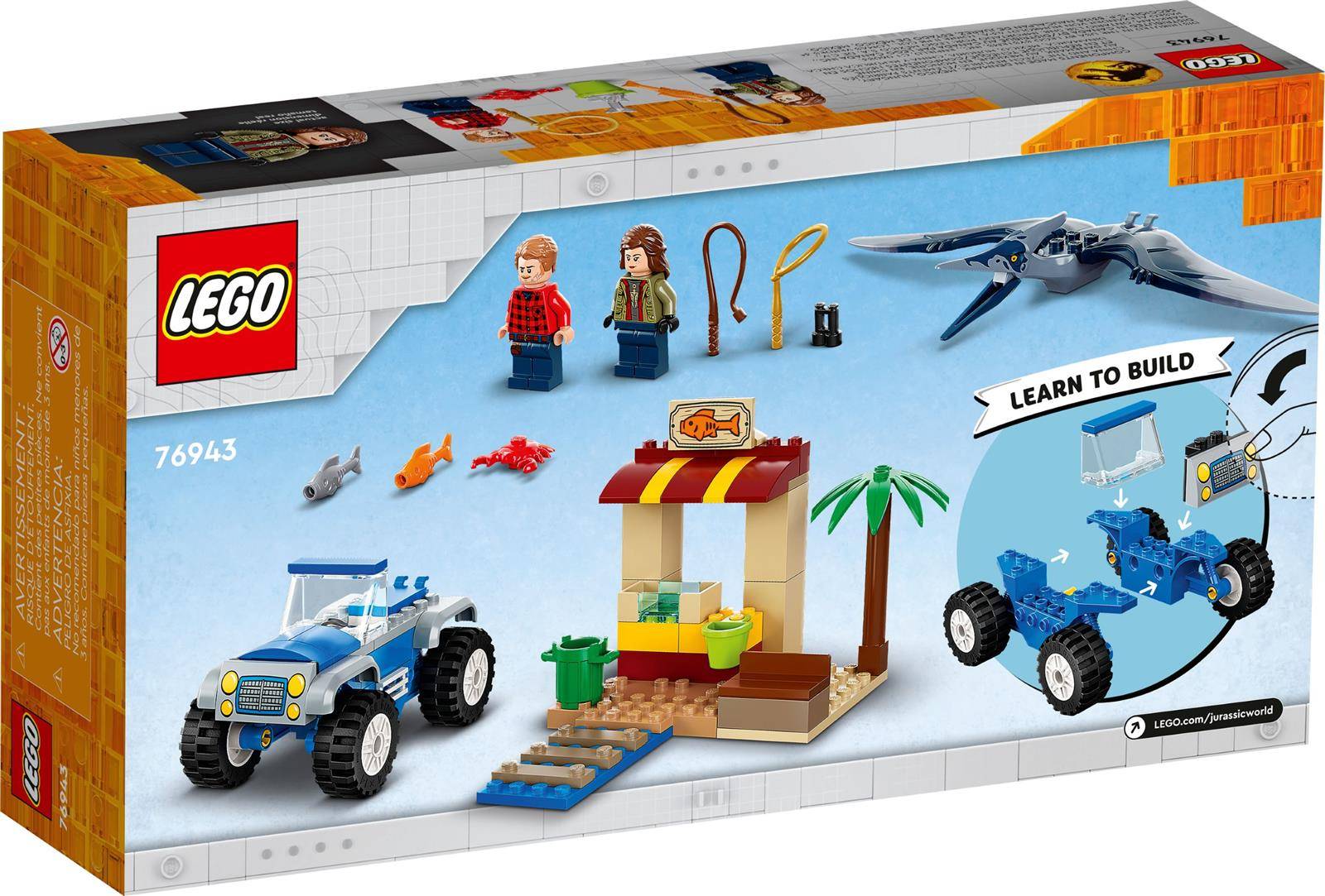 LEGO-Set-Schachtel mit einem blauen Traktor, zwei Minifiguren, kleinen Meeresbewohnern und einer nachbaubaren Strand-Szene mit Palme und Verkaufsstand.