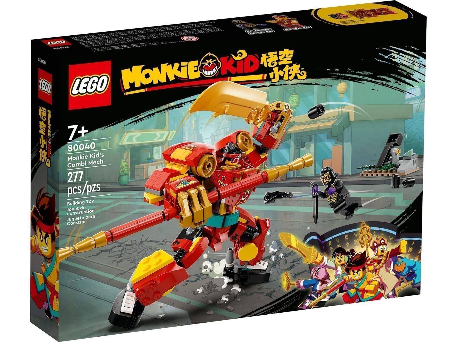 LEGO Monkie Kid's Combiner Mech Bausatz Schachtel, zeigt einen rot-goldenen Roboter, der gegen einen schwarzgekleideten Schurken kämpft, ab 7 Jahren, 80040, 277 Teile.