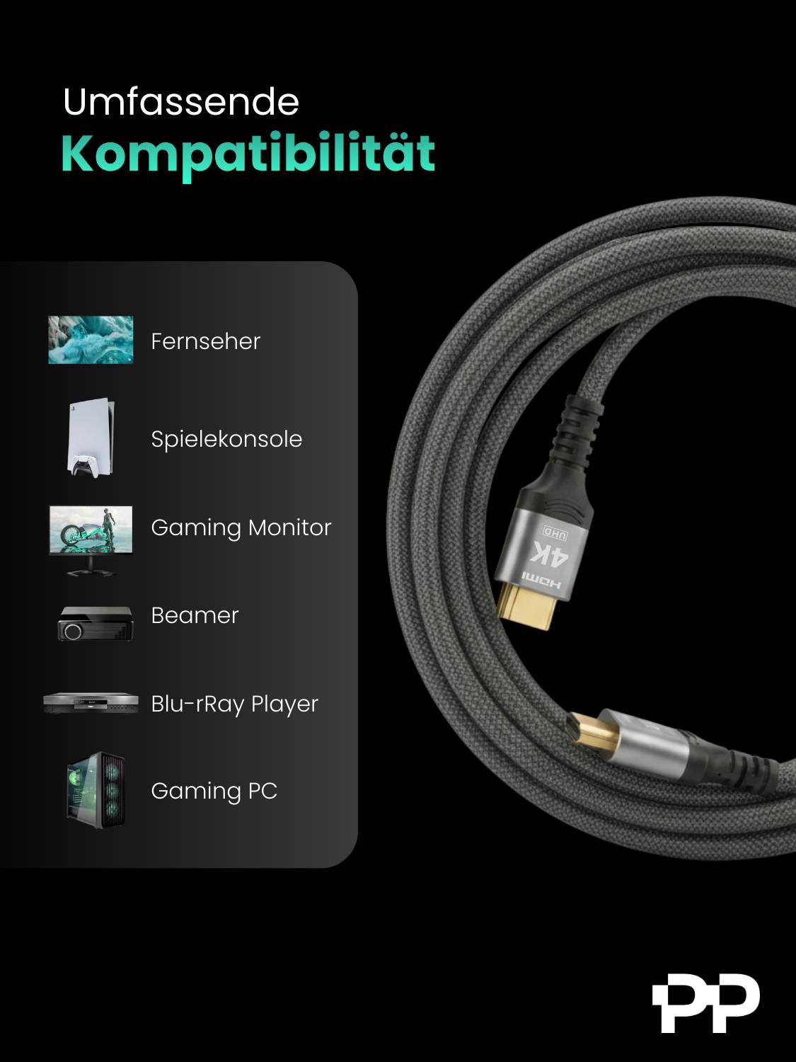 ProfiPatch HDMI Kabel 4K60Hz UHD 1m grau Goldkontakt Textil